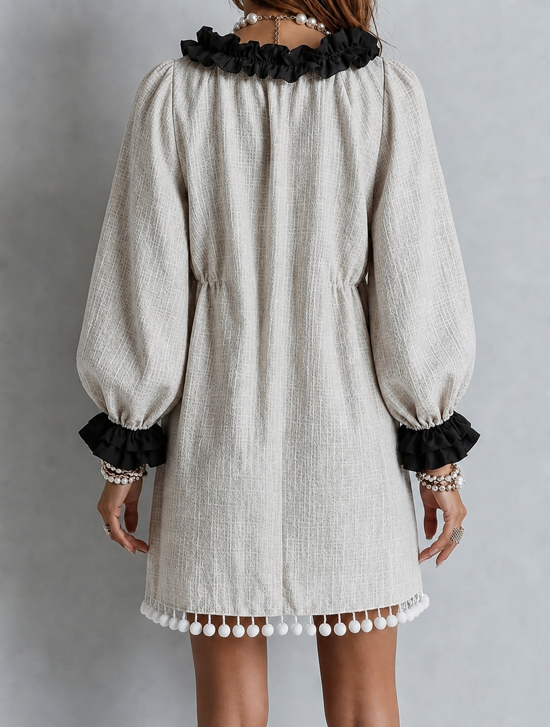 Philippa | Colour-Block Puff-Sleeve Dress with Tassel Ties
