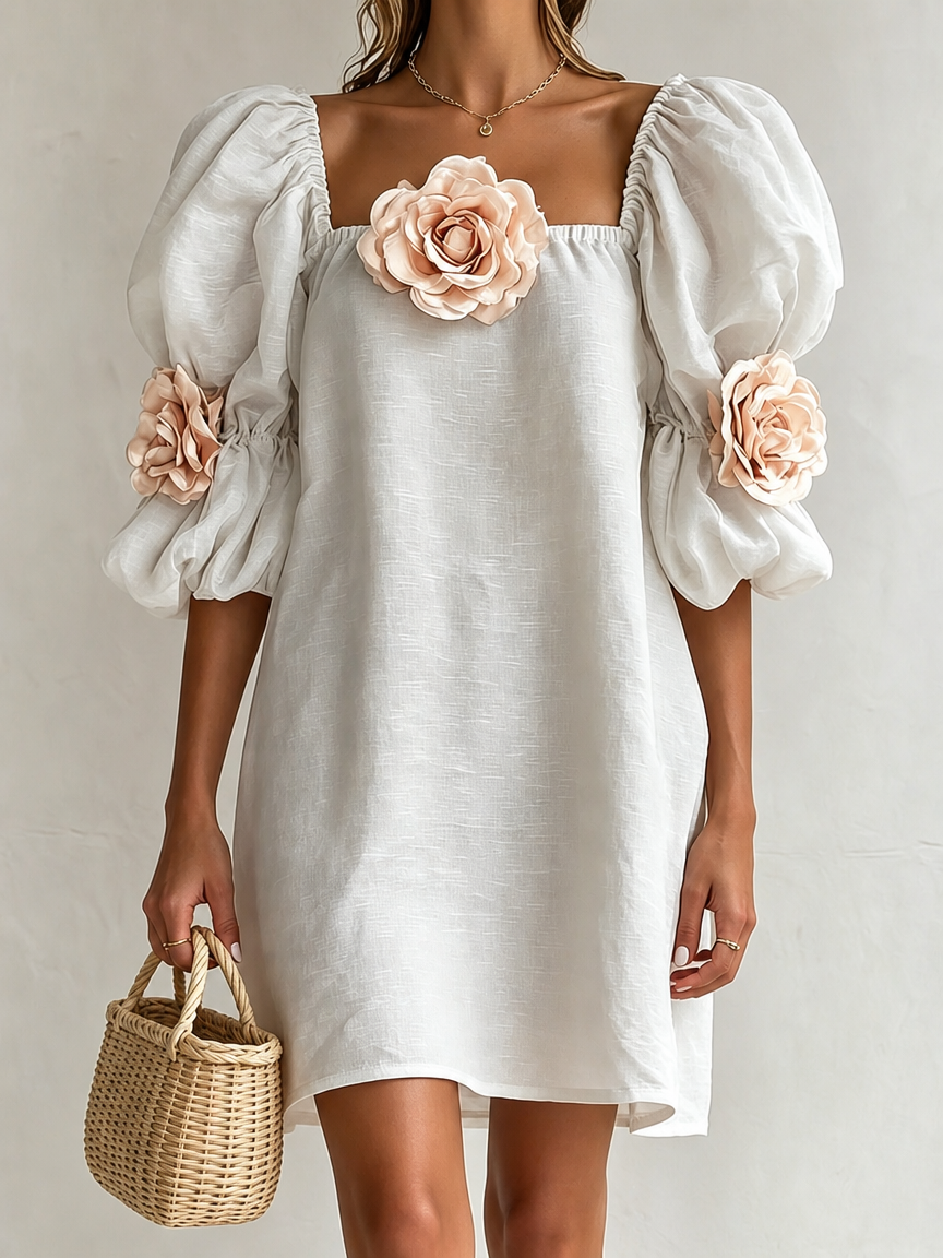 Arabella | 3D Floral Appliqué Square-Neck Dress