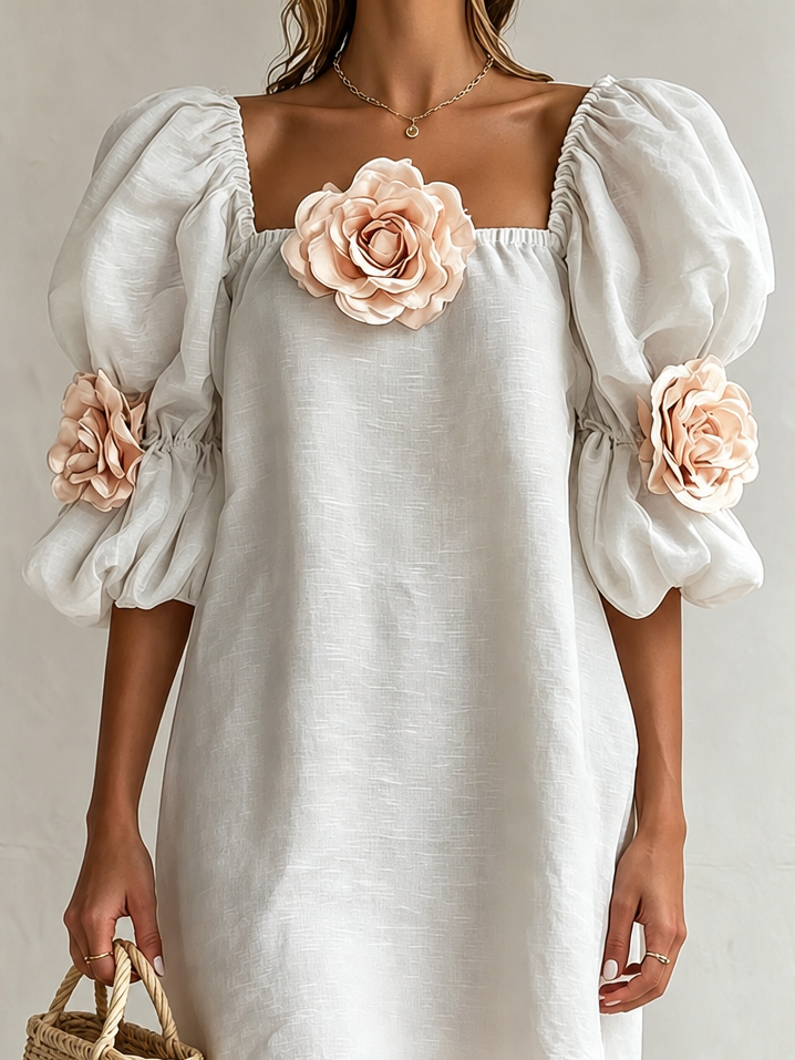 Arabella | 3D Floral Appliqué Square-Neck Dress