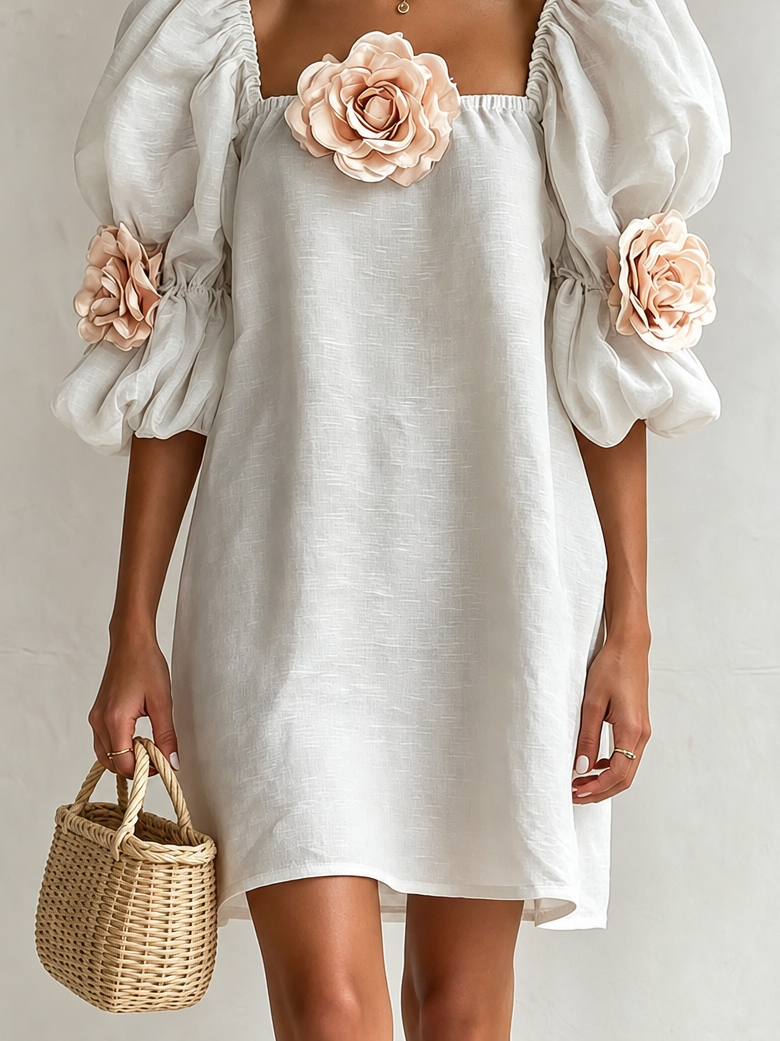 Arabella | 3D Floral Appliqué Square-Neck Dress
