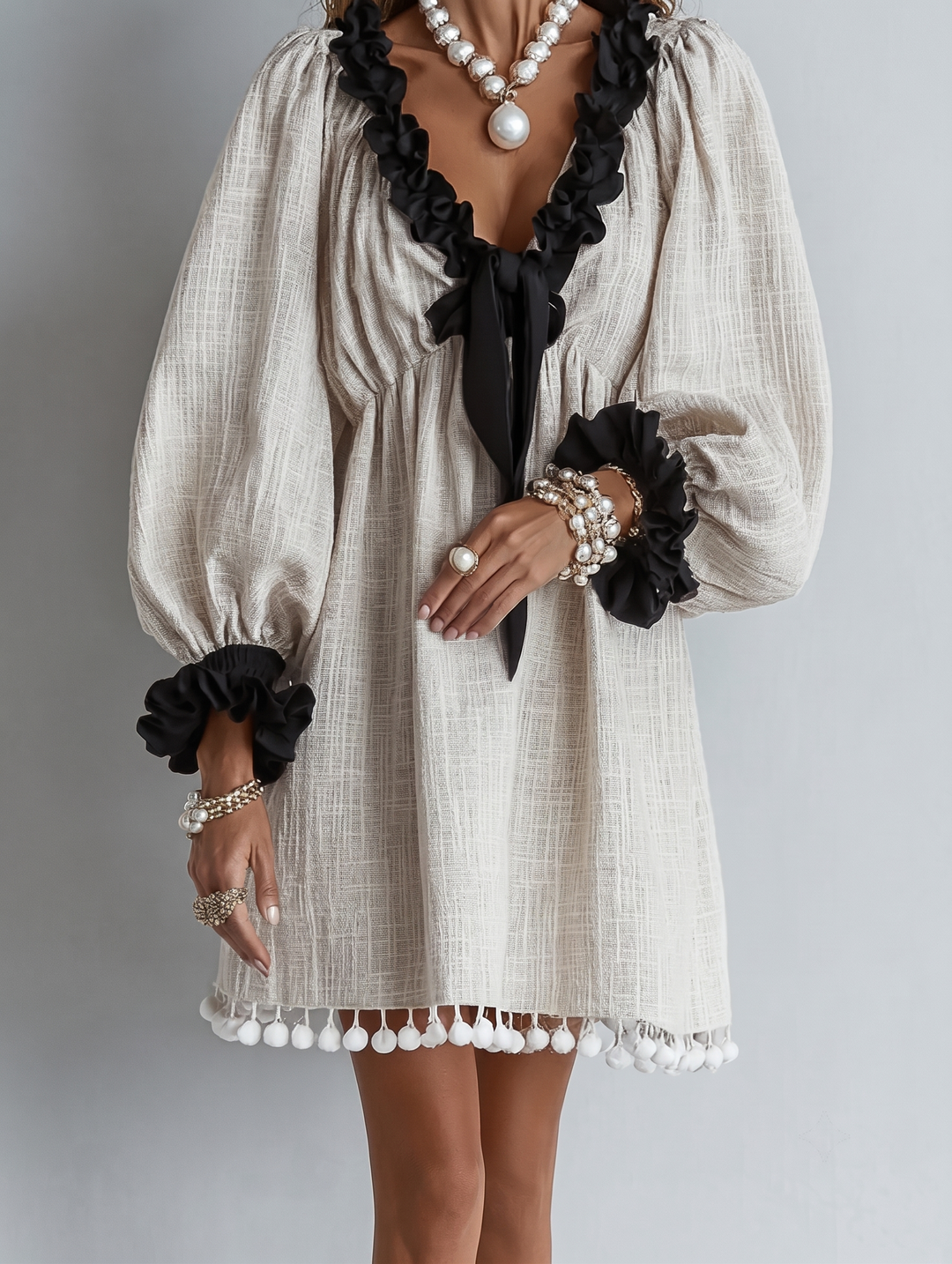 Philippa | Colour-Block Puff-Sleeve Dress with Tassel Ties